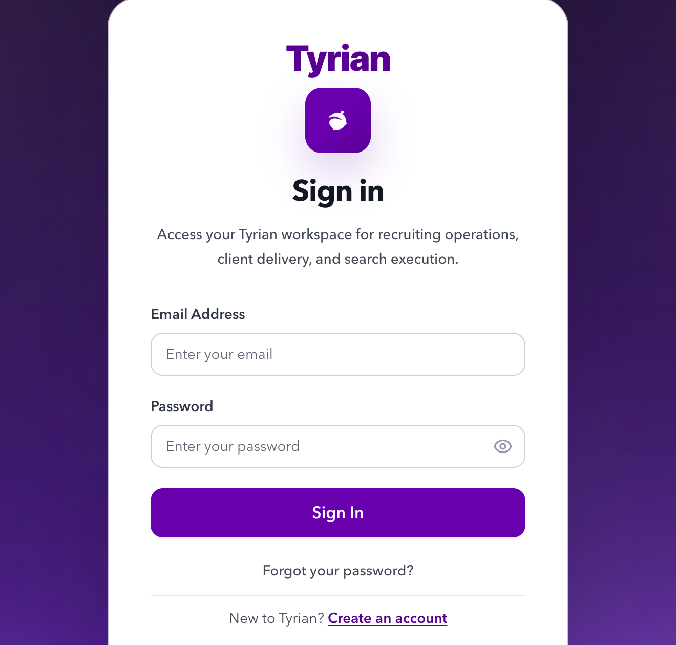 Tyrian sign in screen